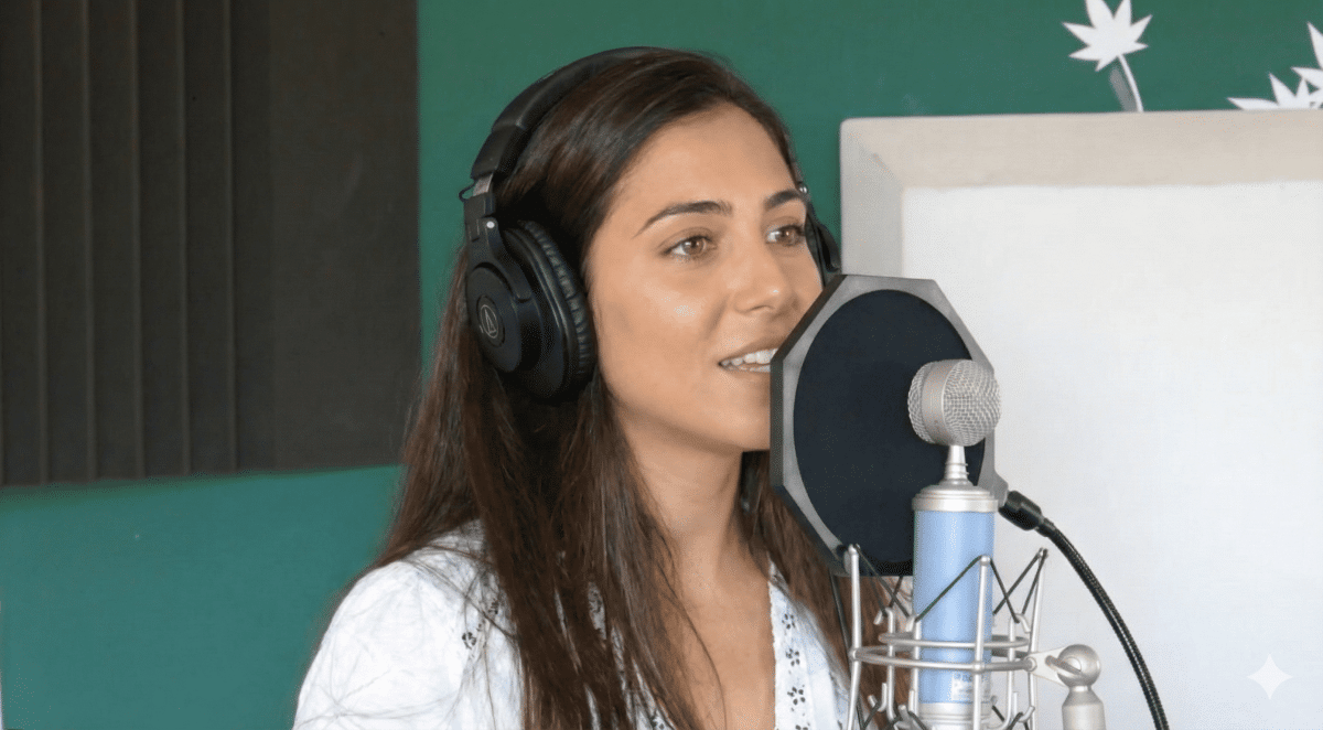 זמרת מקליטה באולפן