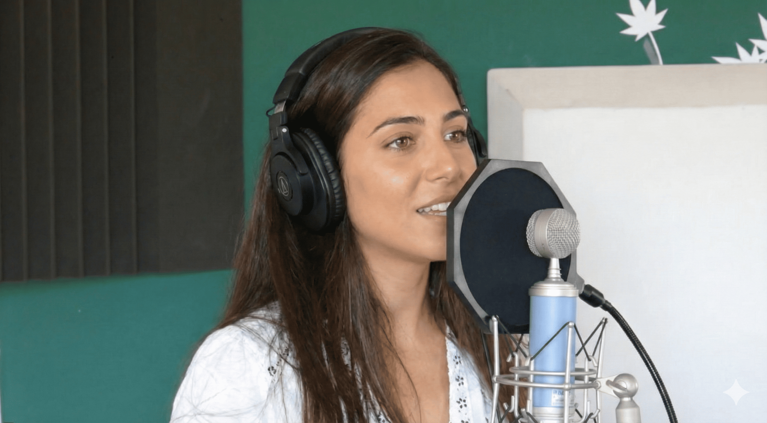 זמרת מקליטה באולפן