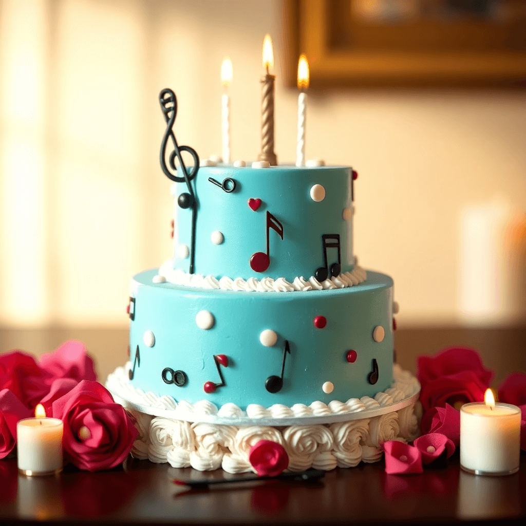 עוגת יום הולדת עם קישוטי מוזיקה